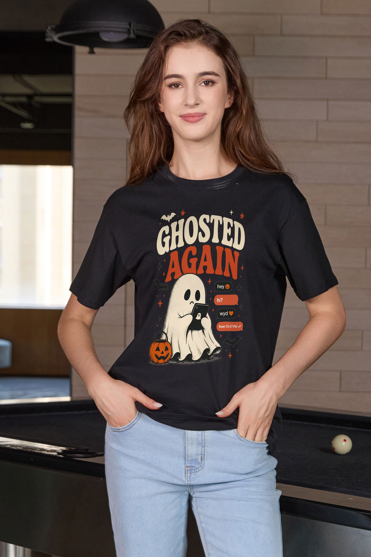 Moshita Ghosted Again relaxed tee in black — graphic front view 2