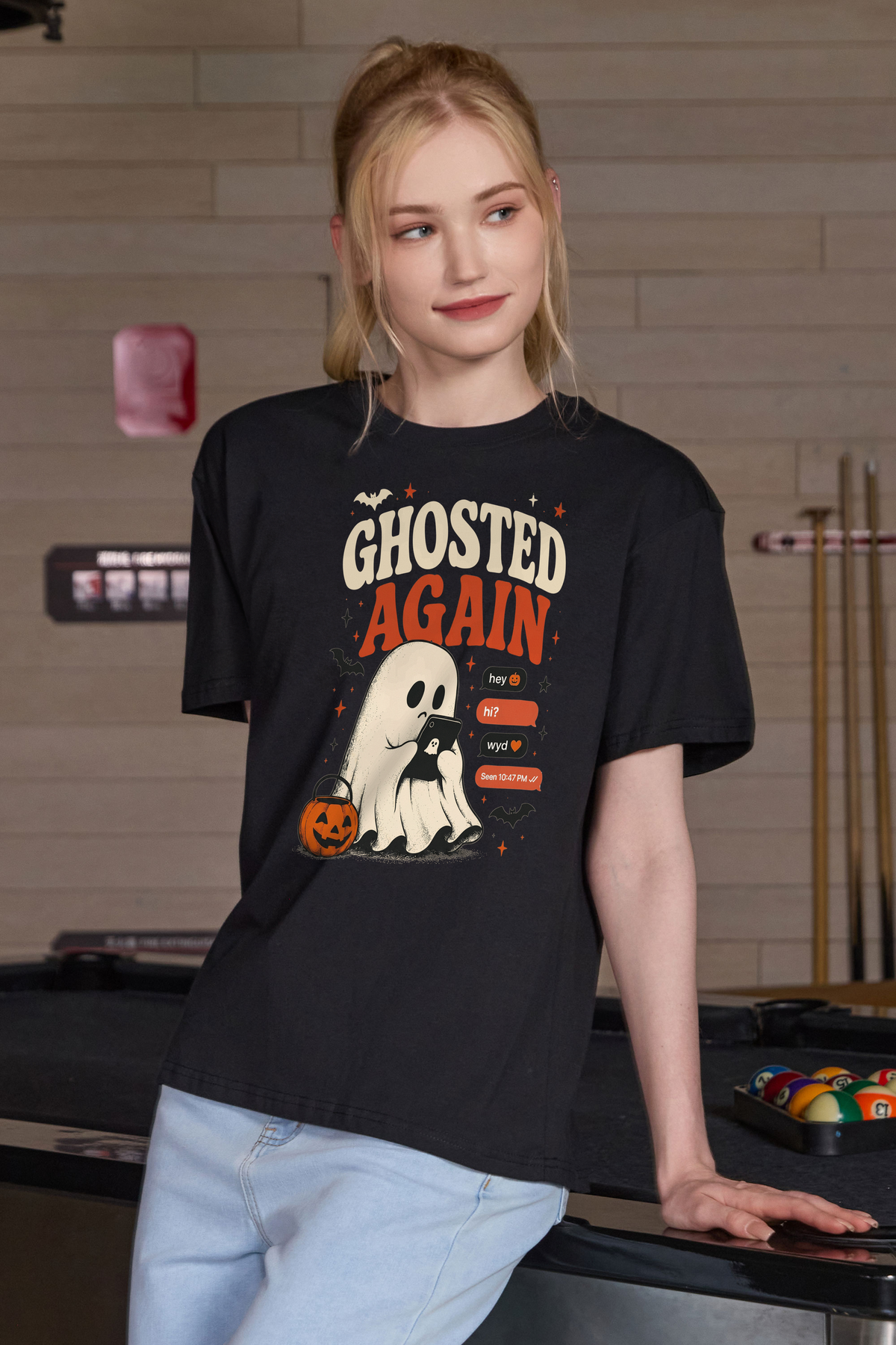 Moshita Ghosted Again relaxed tee in black — graphic front view 3
