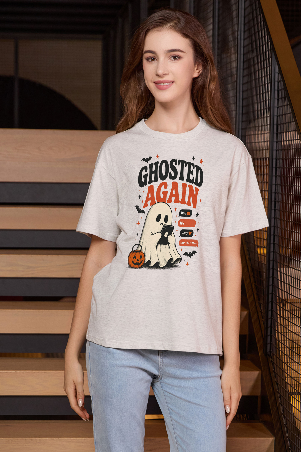 Moshita Ghosted Again relaxed tee in heather grey — graphic front view 1