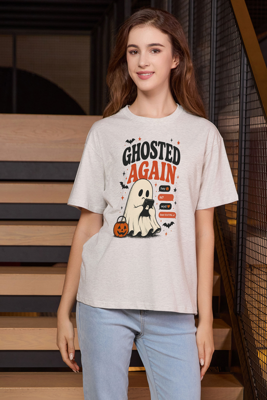 Moshita Ghosted Again relaxed tee in heather grey — graphic front view 1