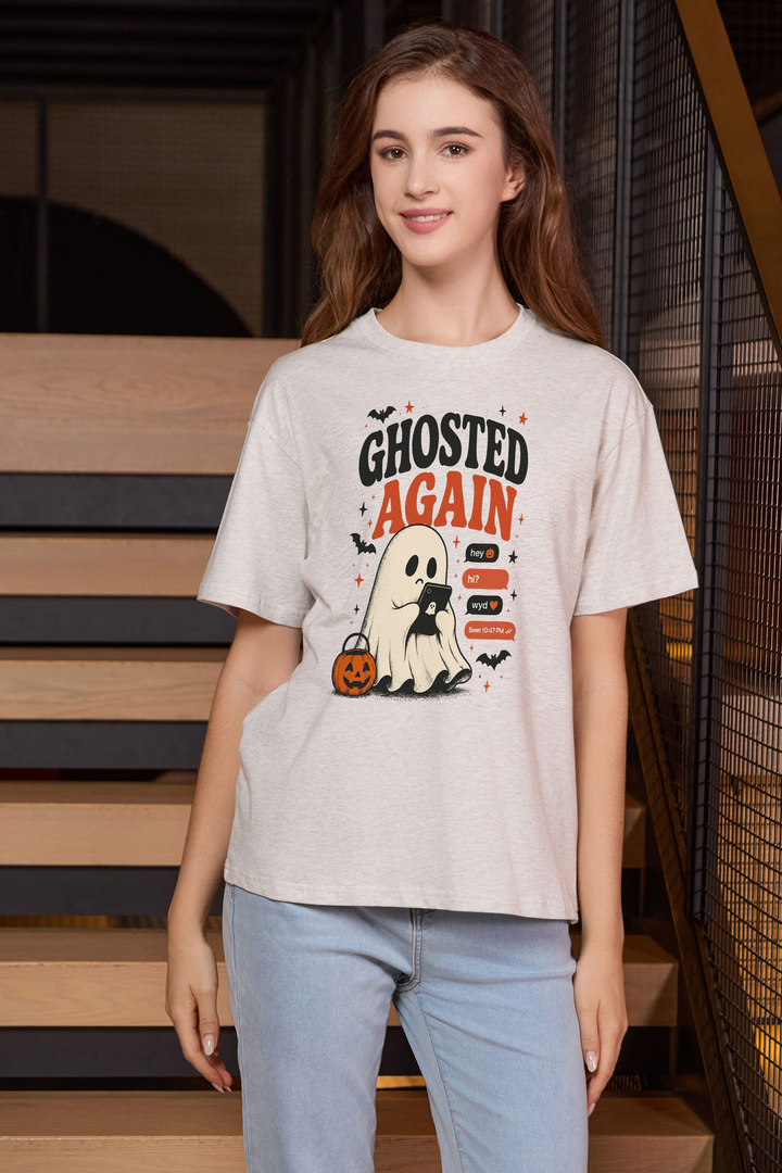 Moshita Ghosted Again relaxed tee in heather grey — graphic front view 1