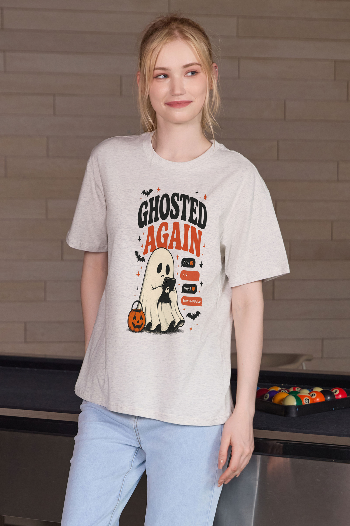 Moshita Ghosted Again relaxed tee in heather grey — graphic front view 2