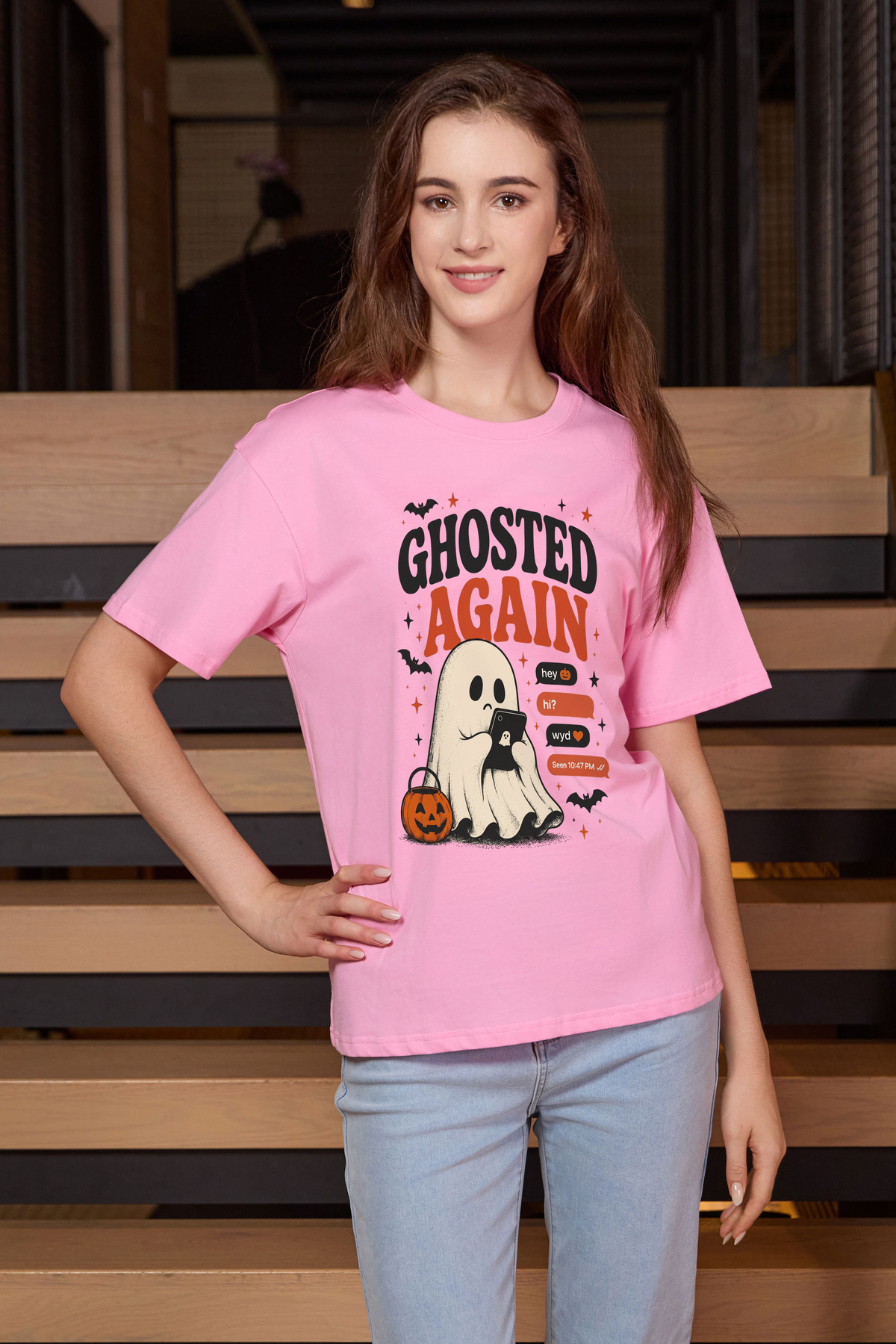 Moshita Ghosted Again relaxed tee in light pink — graphic front view 1