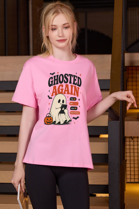 Moshita Ghosted Again relaxed tee in light pink — graphic front view 2