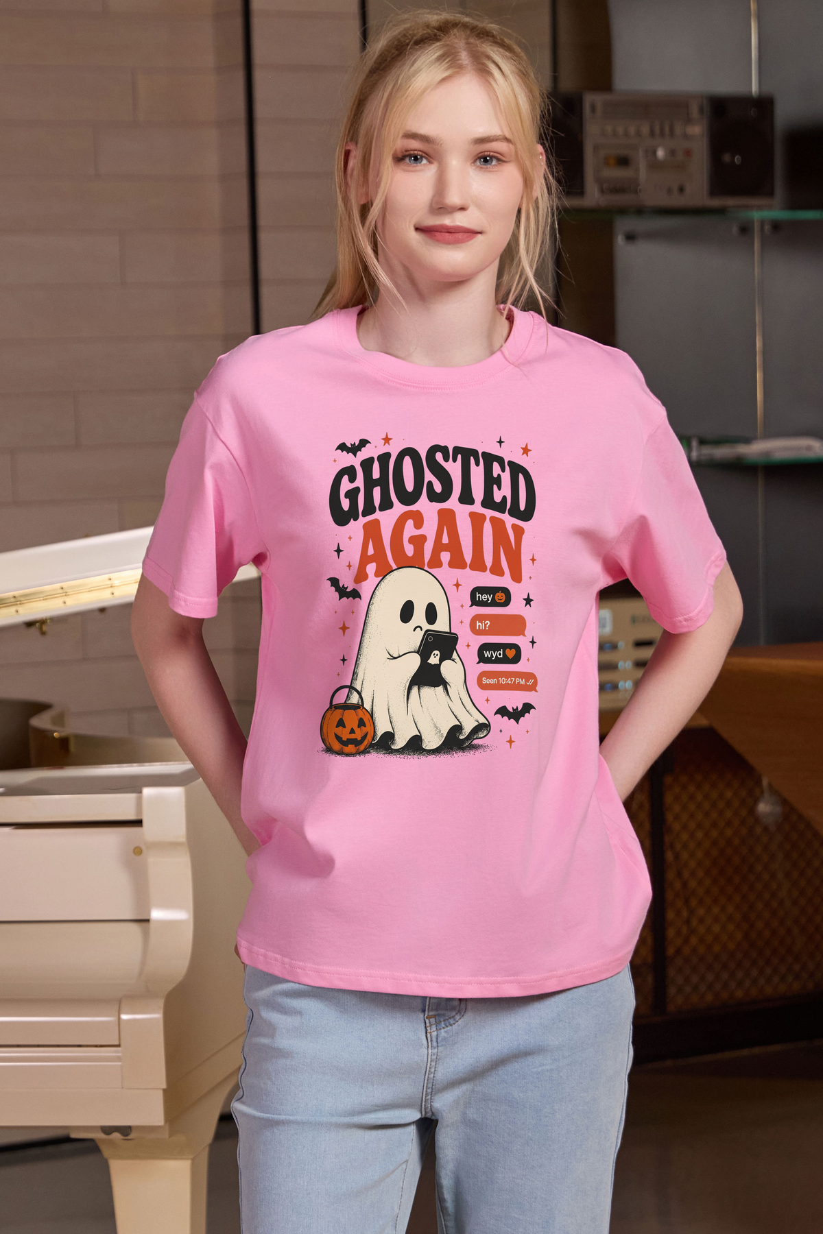 Moshita Ghosted Again relaxed tee in light pink — graphic front view 3