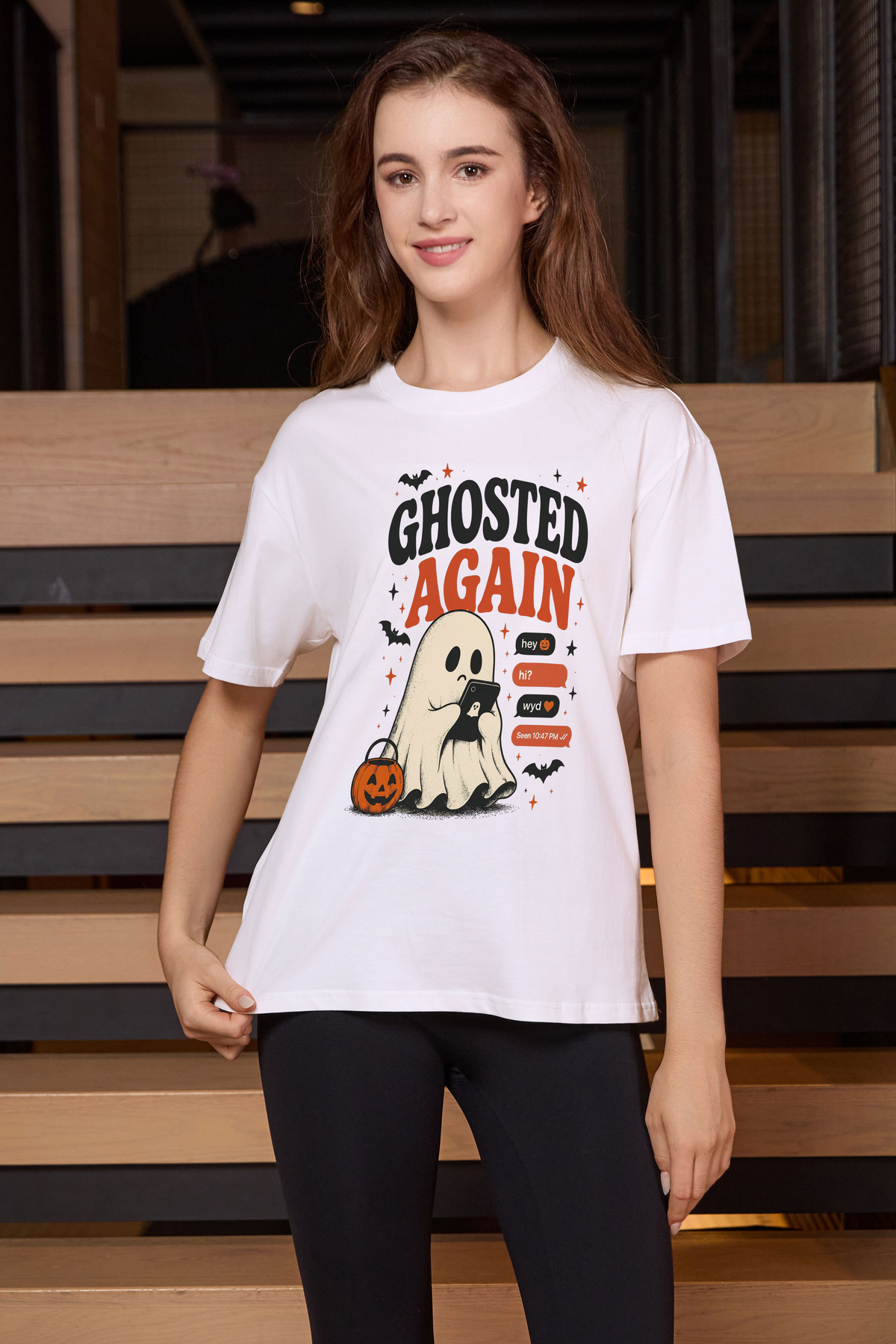 Moshita Ghosted Again relaxed tee in white — graphic front view 1