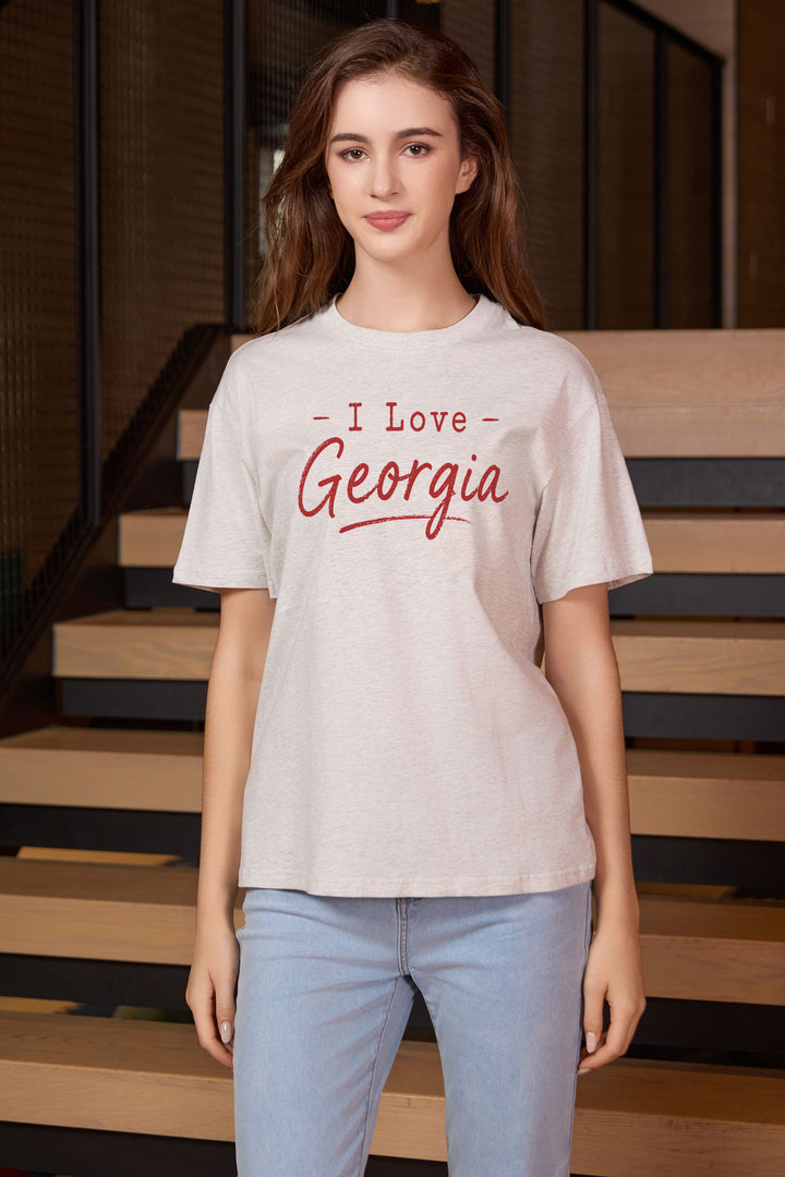 I Love Georgia Tee in heather grey — model view 1.