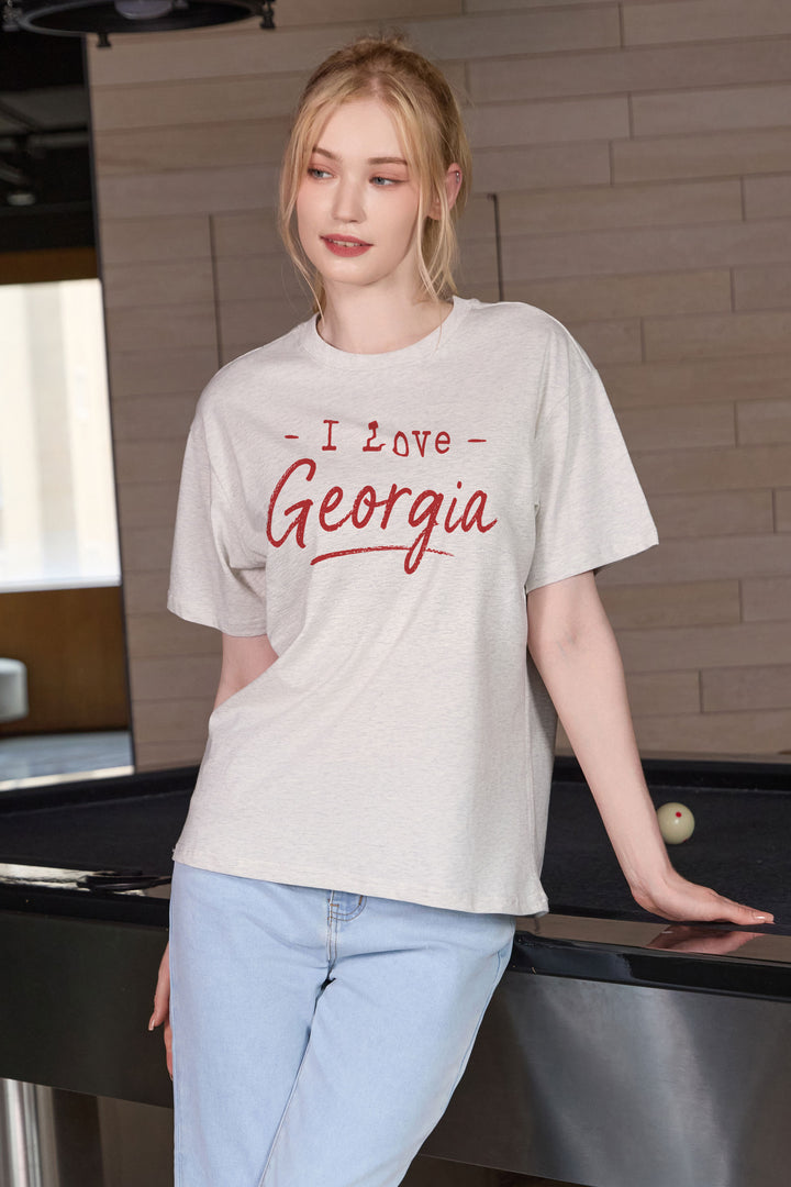 I Love Georgia Tee in heather grey — model view 2.