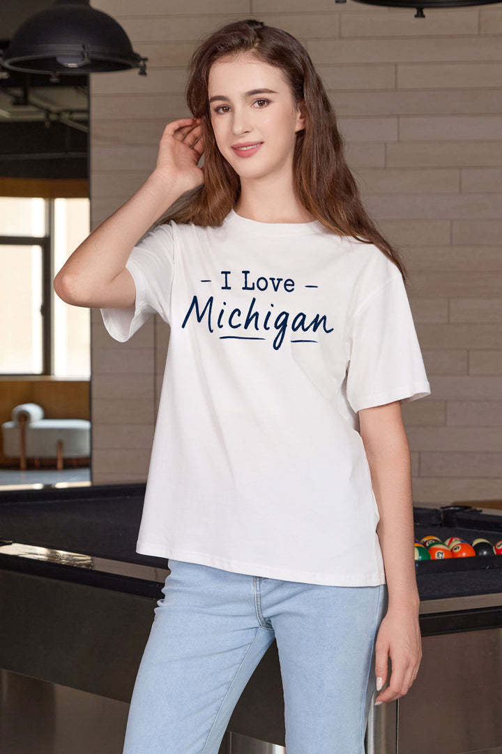 I Love Michigan Tee in white — model view 1.