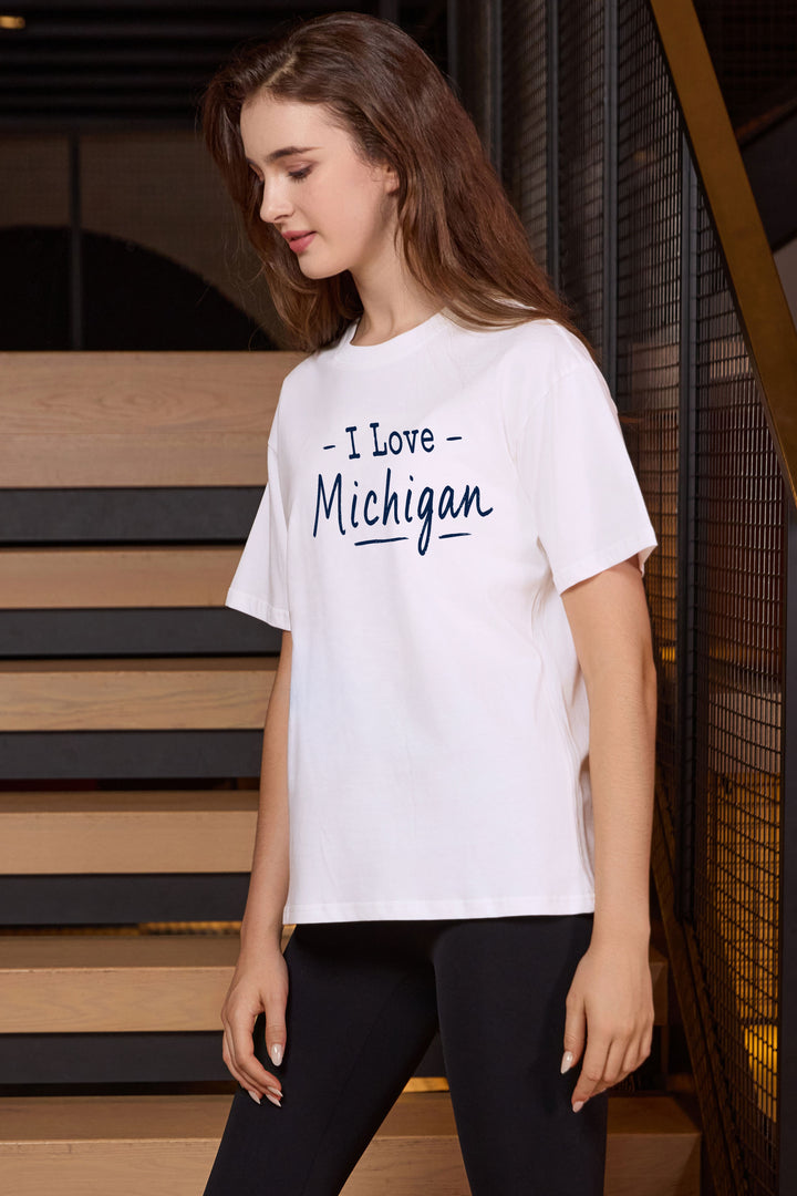 I Love Michigan Tee in white — model view 2.
