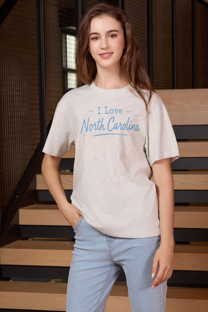 I Love North Carolina Tee in heather grey — model view 1.