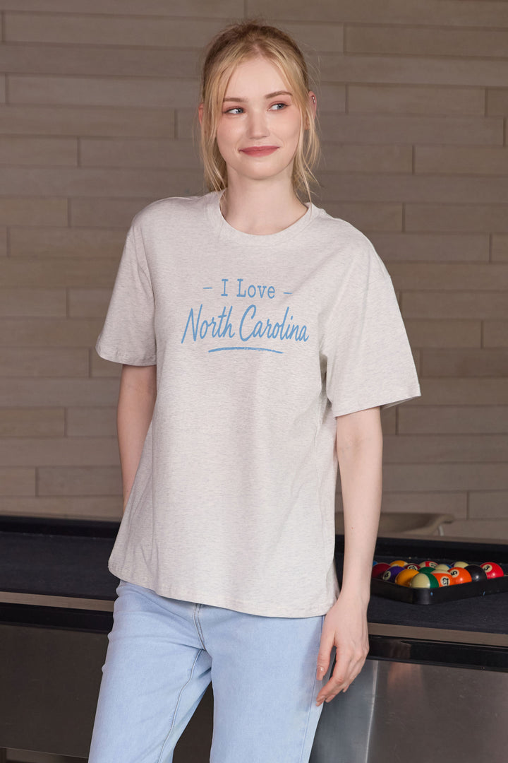 I Love North Carolina Tee in heather grey — model view 2.