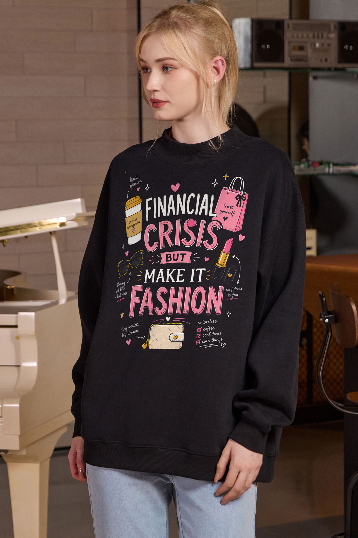 M004-F017 BLACK F2 — Financial Crisis 1 graphic on M004 black garment