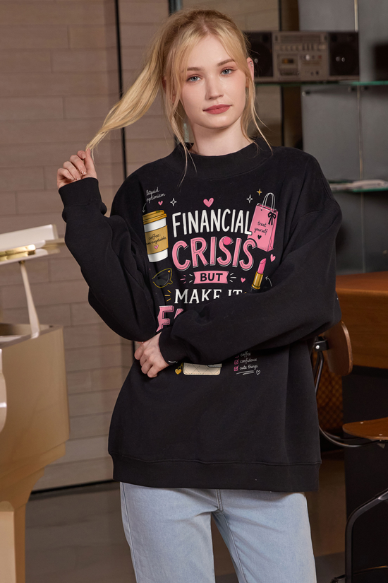 M004-F017 BLACK F3 — Financial Crisis 1 graphic on M004 black garment