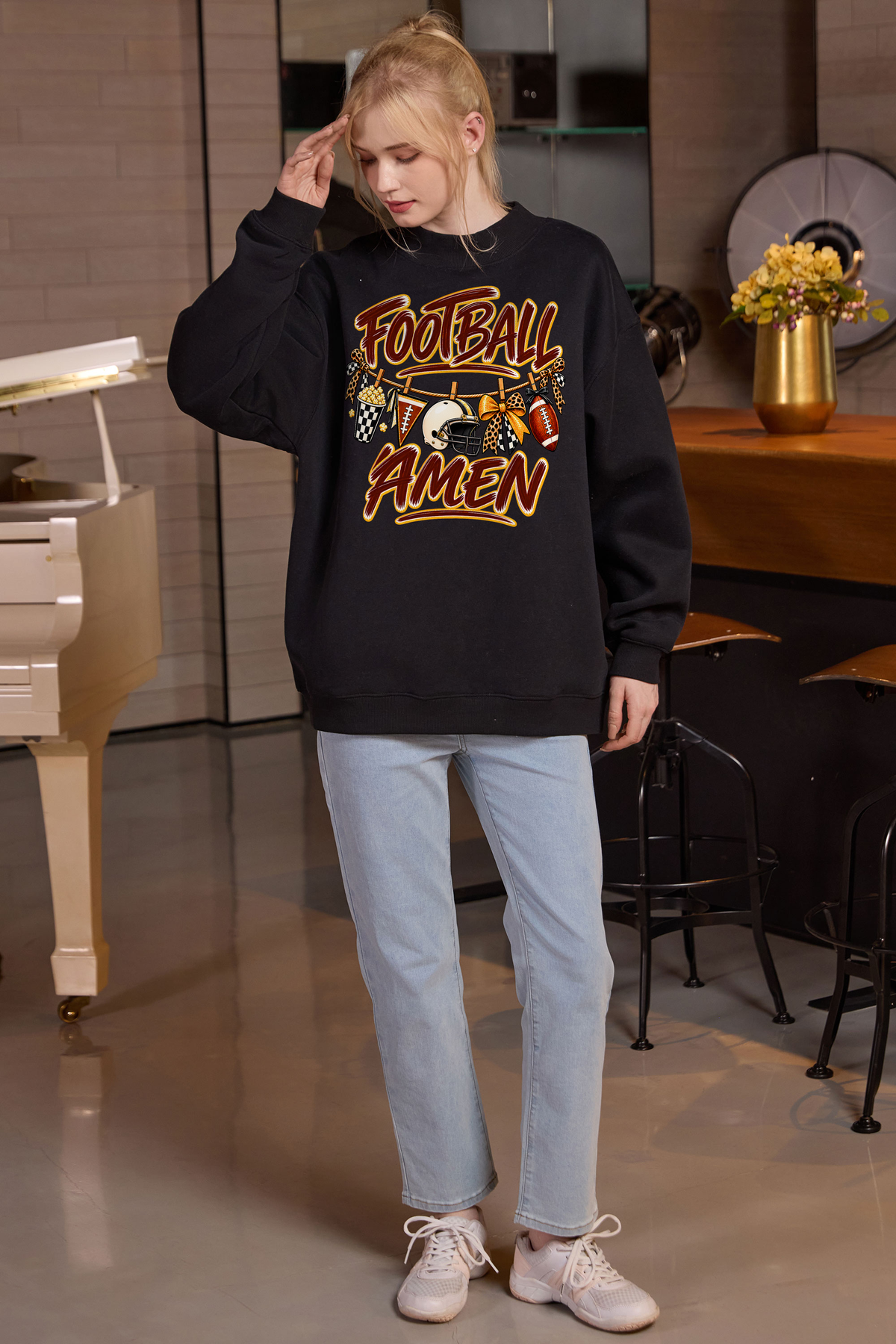 M004-G014 BLACK A1 — Football Laundry graphic on M004 black garment