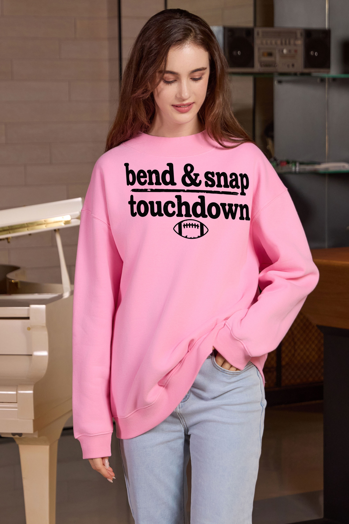 M004-G018 LIGHT-PINK F1 — Bend and Snap graphic on M004 light pink garment