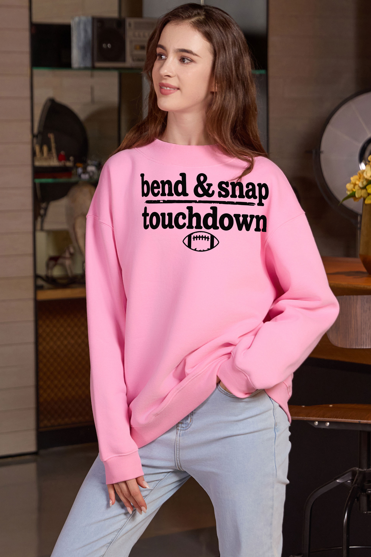 M004-G018 LIGHT-PINK F2 — Bend and Snap graphic on M004 light pink garment