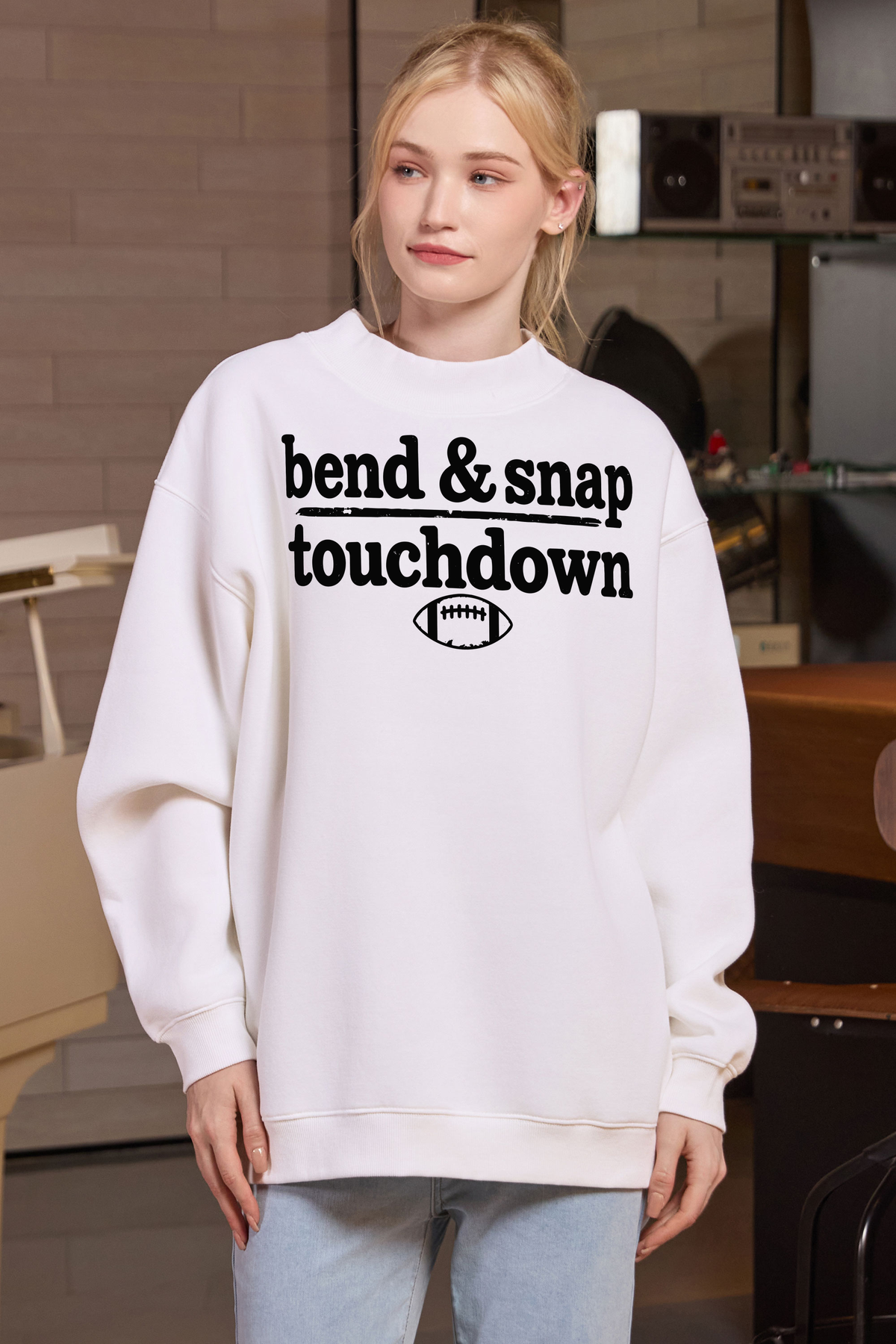 M004-G018 WHITE F1 — Bend and Snap graphic on M004 white garment