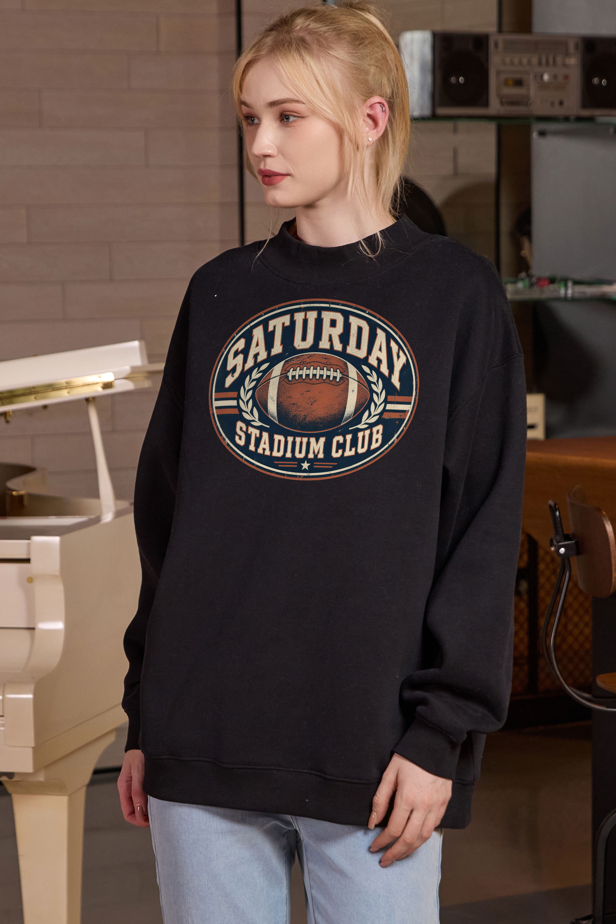 Saturday Stadium Club Mockneck Sweatshirt in black, front graphic on model, view 2
