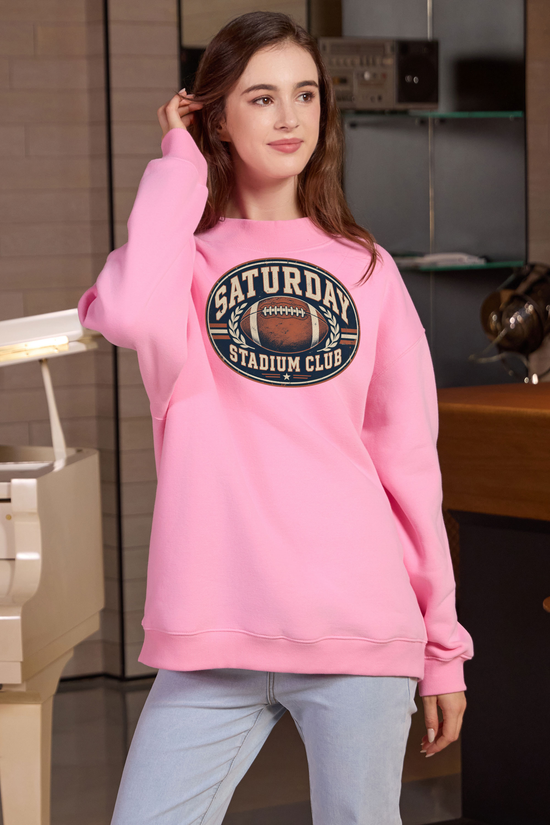 Saturday Stadium Club Mockneck Sweatshirt in light pink, front graphic on model, view 1