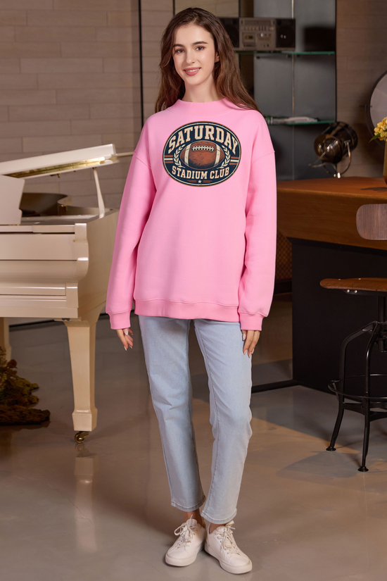 Saturday Stadium Club Mockneck Sweatshirt in light pink, front graphic on model, view 2
