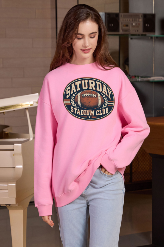 Saturday Stadium Club Mockneck Sweatshirt in light pink, front graphic on model, view 3