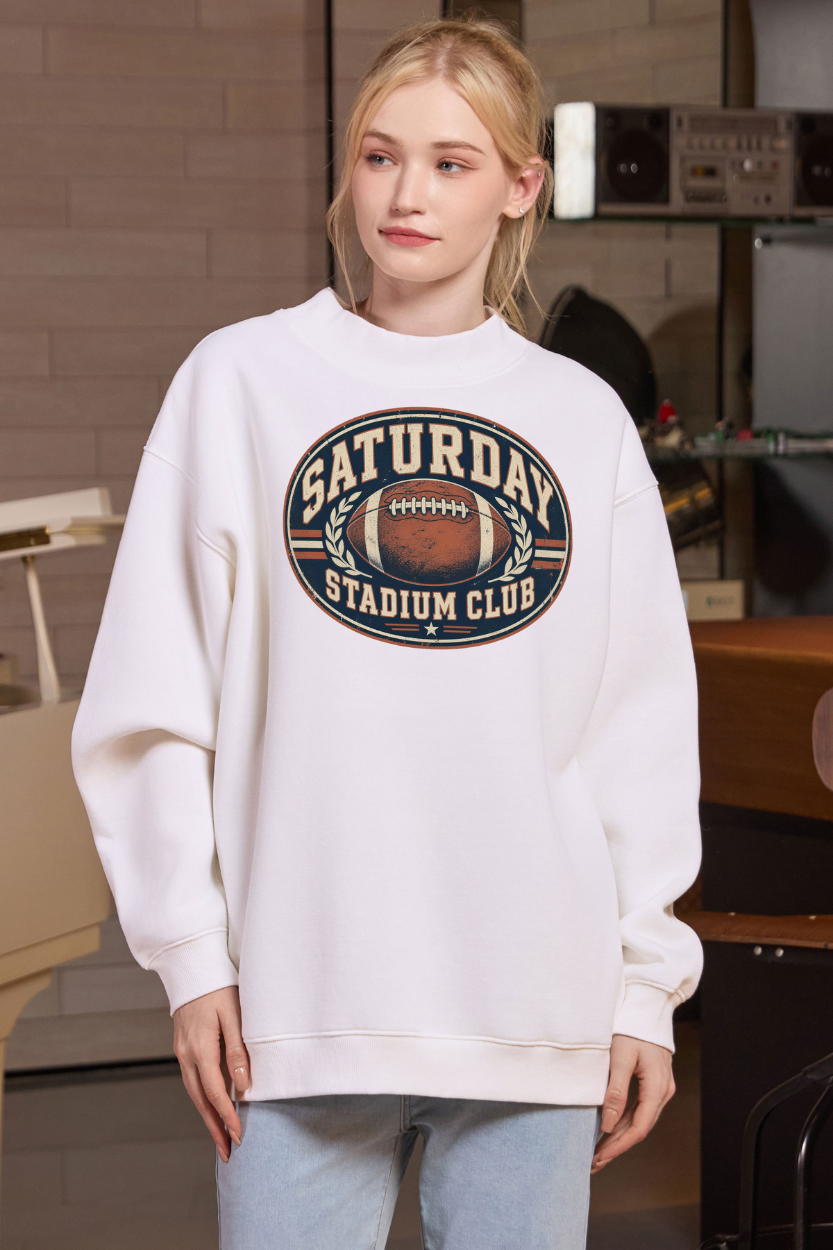 Saturday Stadium Club Mockneck Sweatshirt in white, front graphic on model, view 2