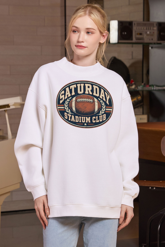 Saturday Stadium Club Mockneck Sweatshirt in white, front graphic on model, view 2