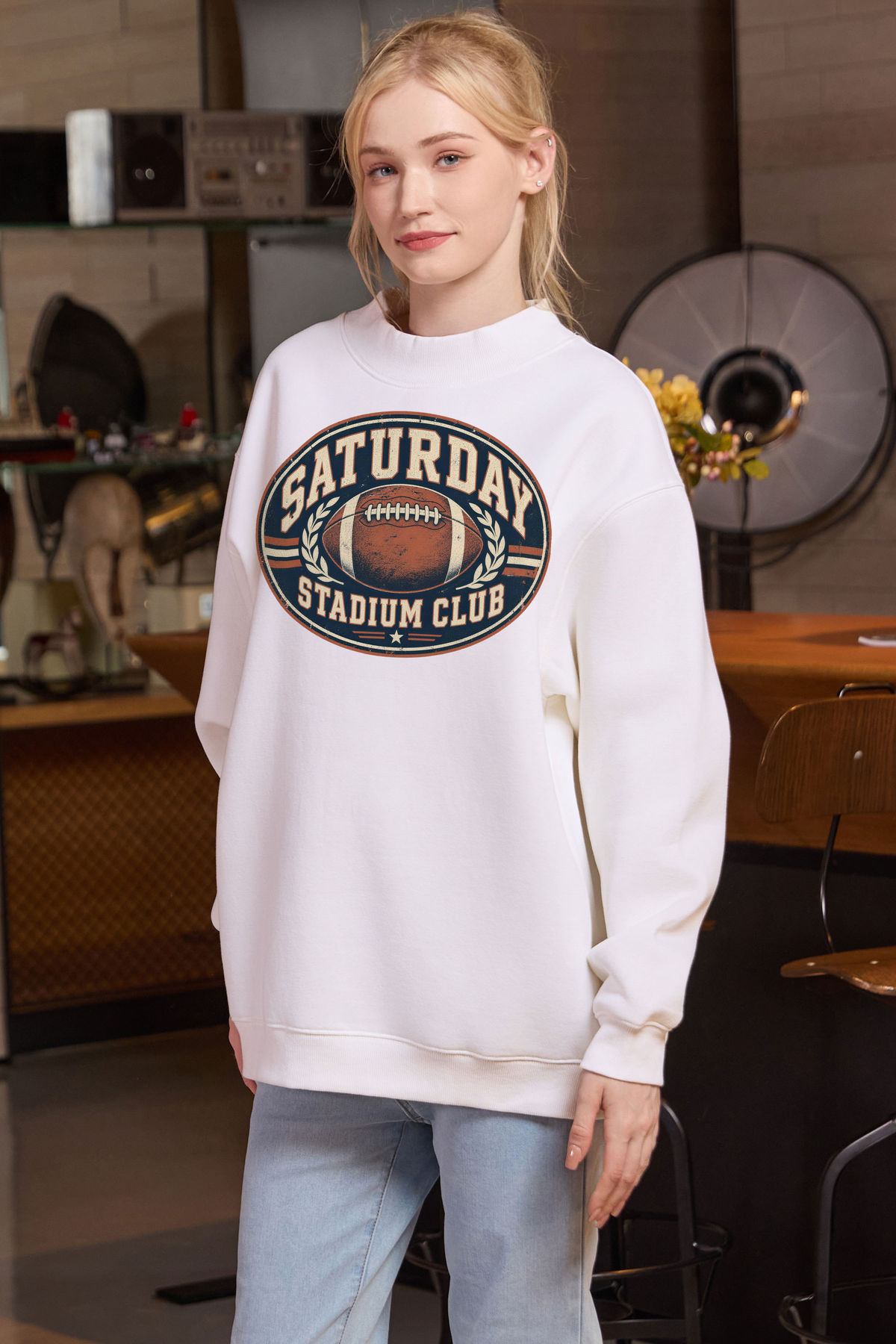 Saturday Stadium Club Mockneck Sweatshirt in white, front graphic on model, view 3