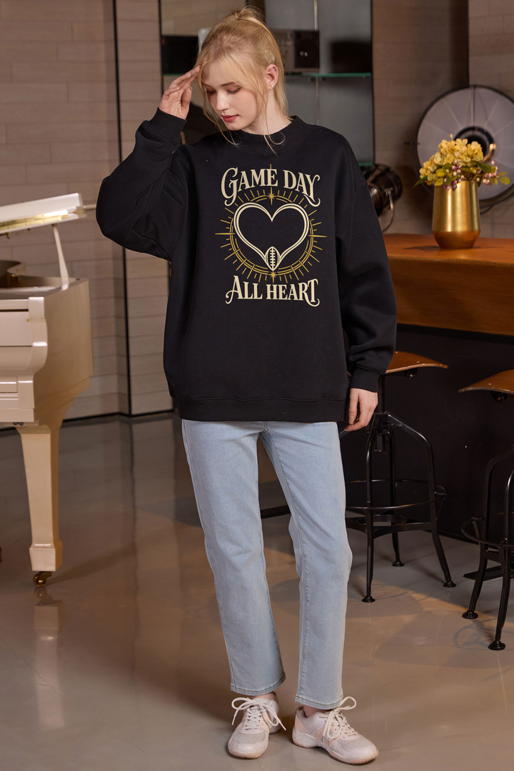 All Heart Game Day Mockneck Sweatshirt in black, front graphic on model, view 2