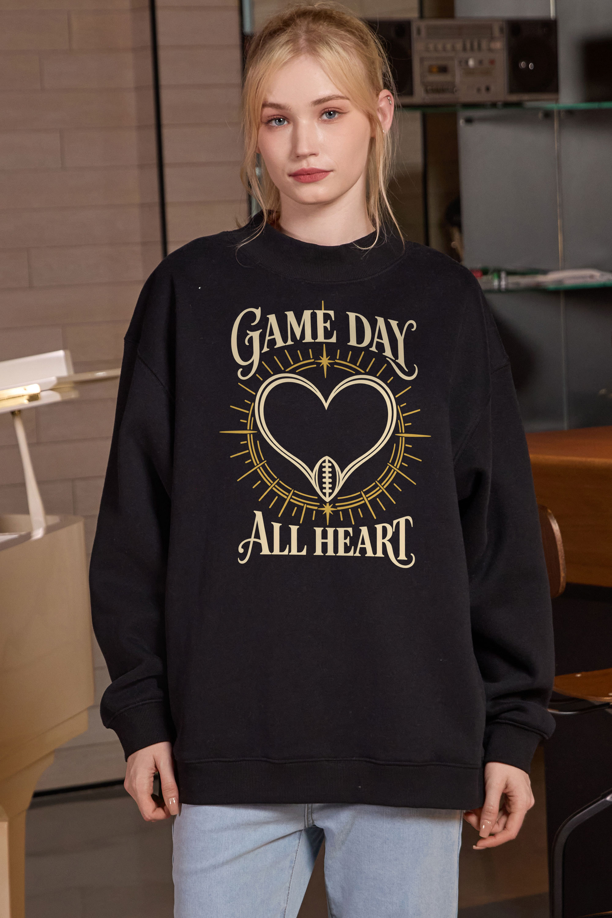 All Heart Game Day Mockneck Sweatshirt in black, front graphic on model, view 3