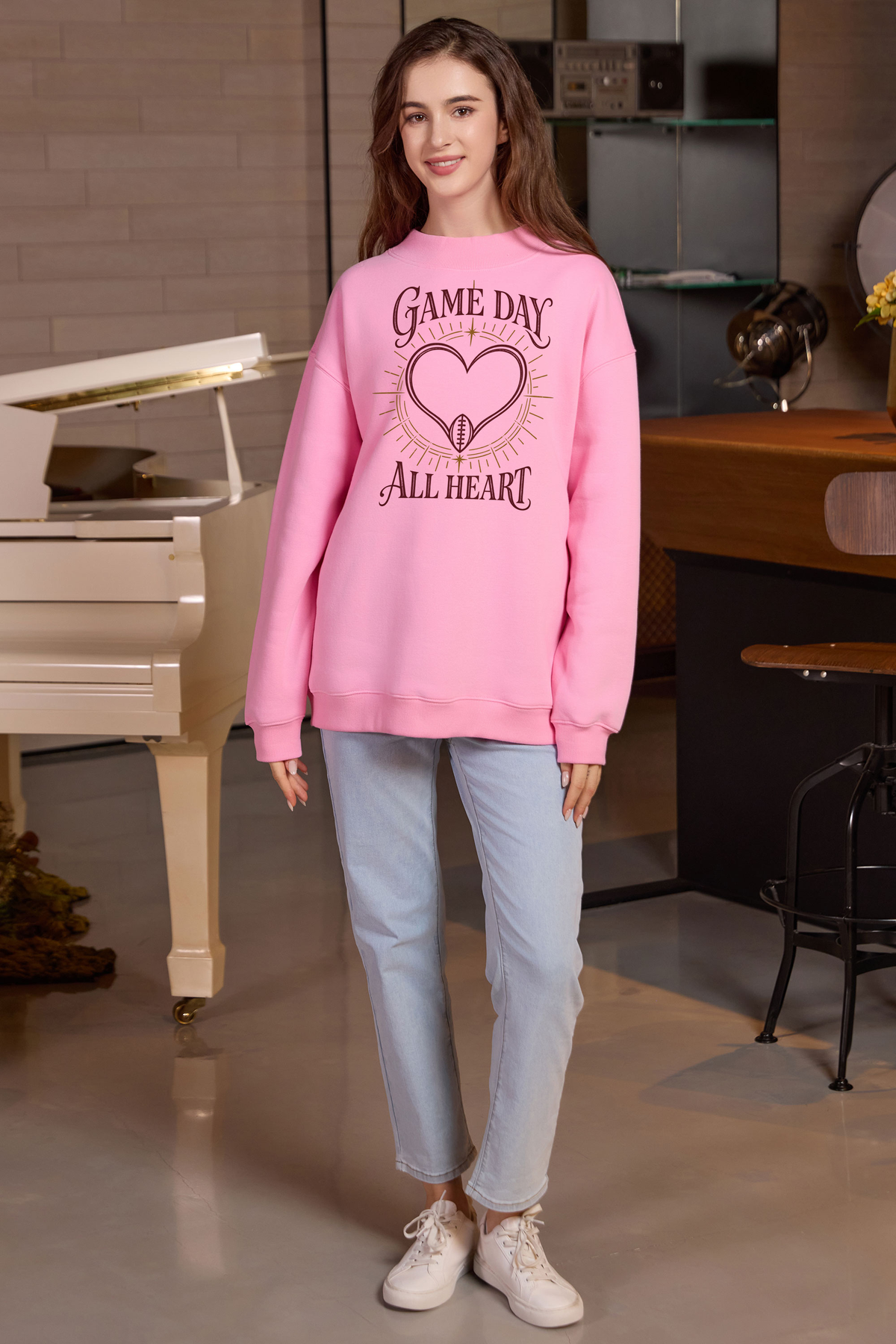 All Heart Game Day Mockneck Sweatshirt in light pink, front graphic on model, view 3