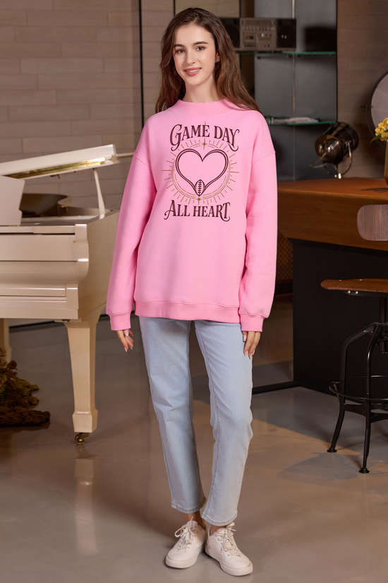 All Heart Game Day Mockneck Sweatshirt in light pink, front graphic on model, view 3