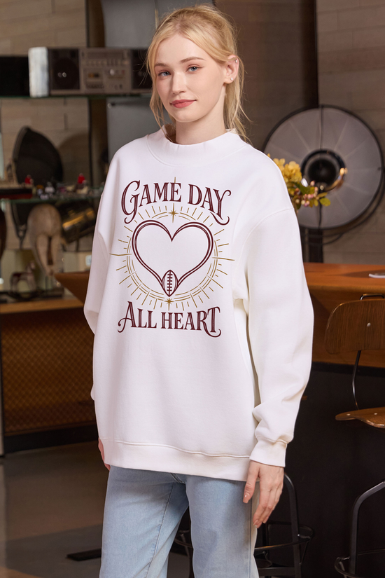 All Heart Game Day Mockneck Sweatshirt in white, front graphic on model, view 1