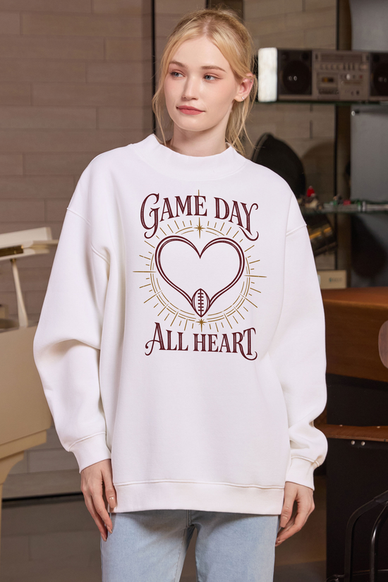 All Heart Game Day Mockneck Sweatshirt in white, front graphic on model, view 3