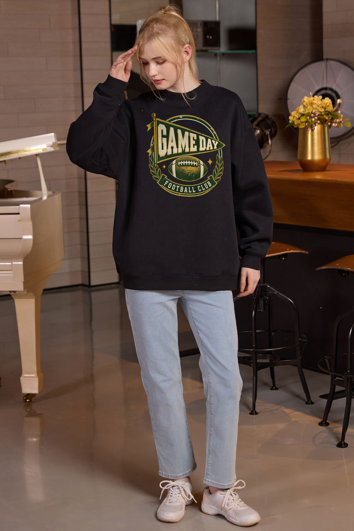 Game Day Football Club Mockneck Sweatshirt in black, front graphic on model, view 1