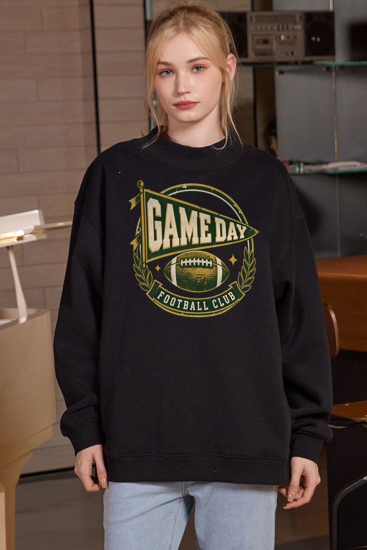 Game Day Football Club Mockneck Sweatshirt in black, front graphic on model, view 2