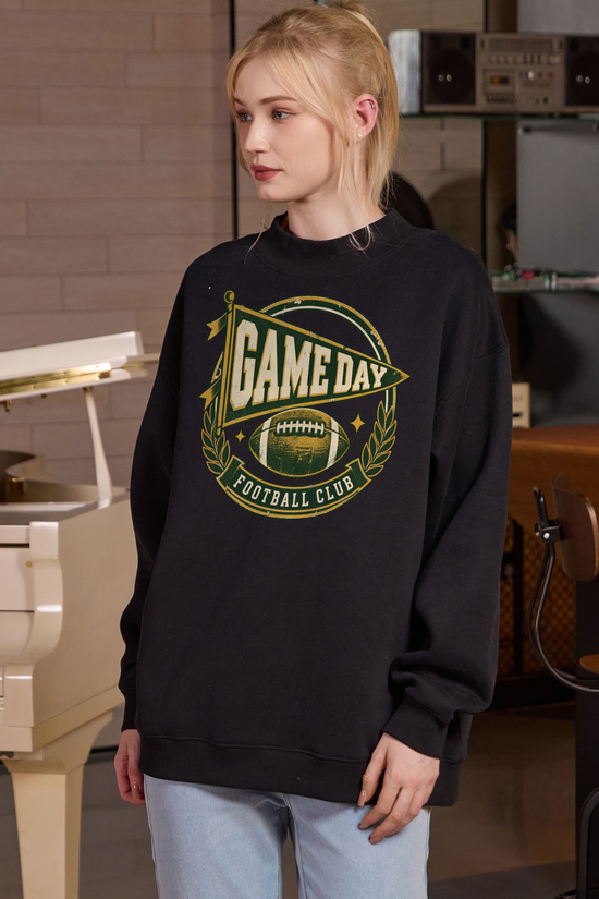 Game Day Football Club Mockneck Sweatshirt in black, front graphic on model, view 3