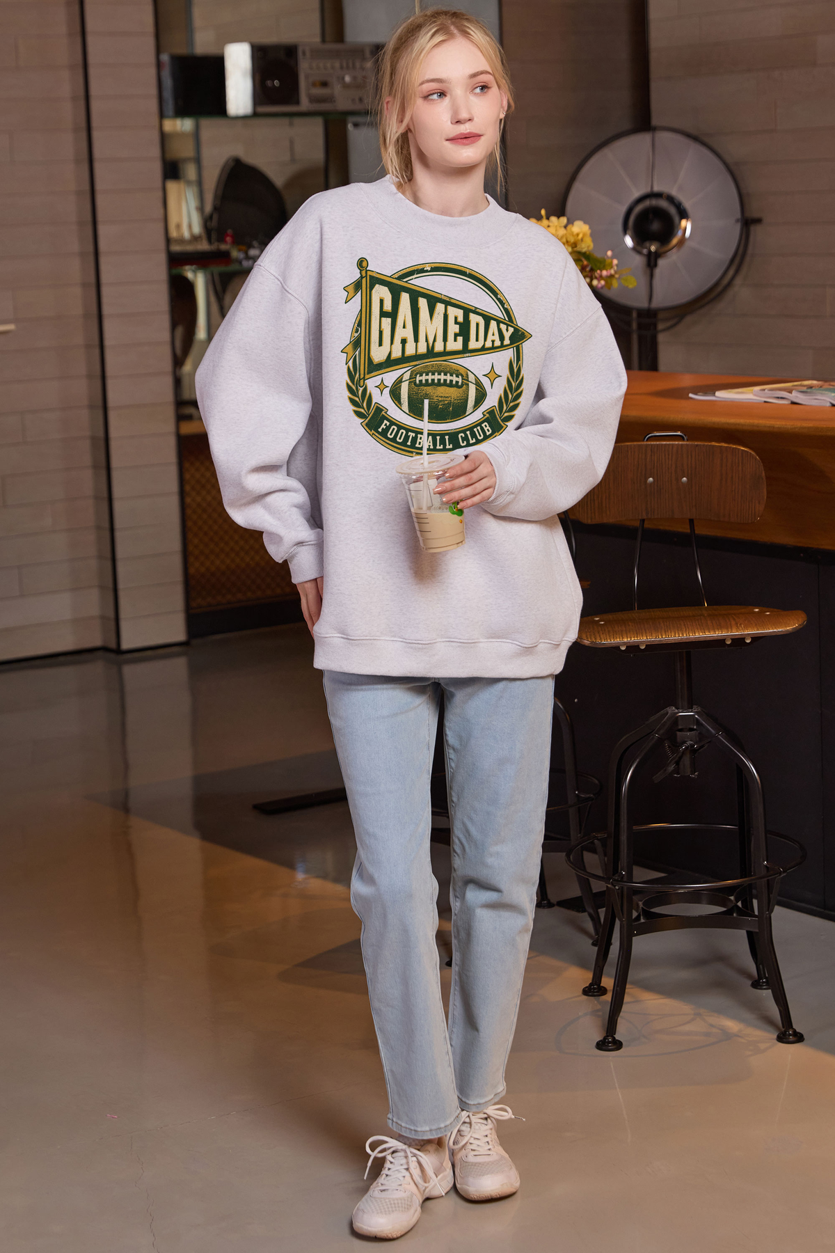 Game Day Football Club Mockneck Sweatshirt in heather grey, front graphic on model, view 1