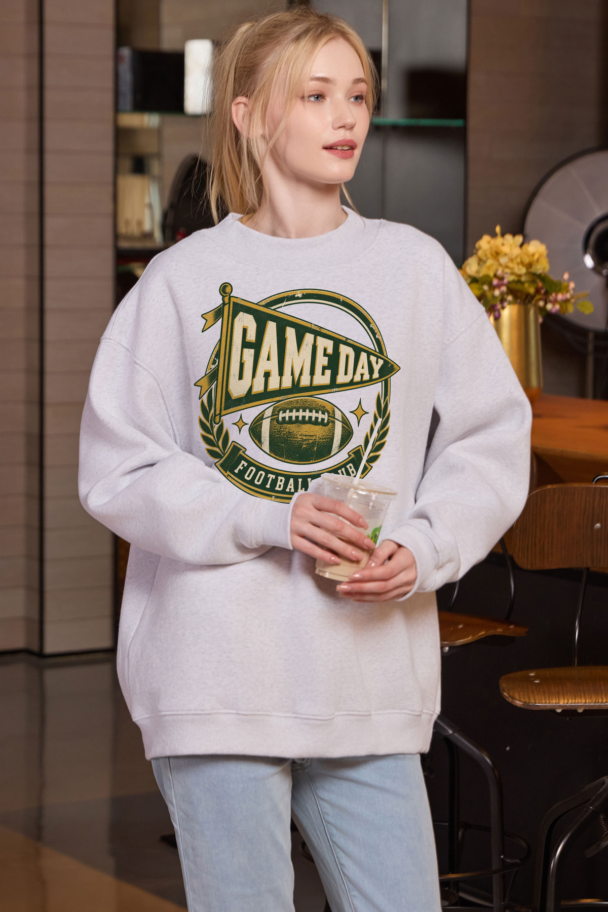 Game Day Football Club Mockneck Sweatshirt in heather grey, front graphic on model, view 2