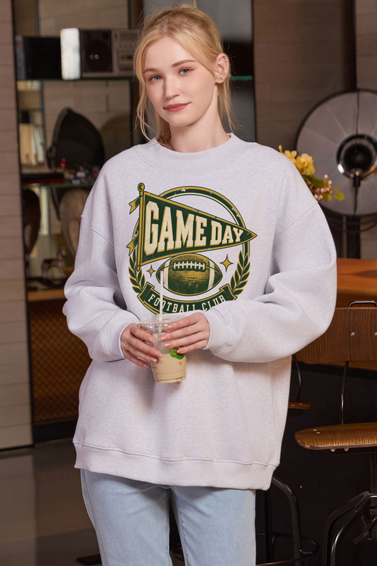 Game Day Football Club Mockneck Sweatshirt in heather grey, front graphic on model, view 3