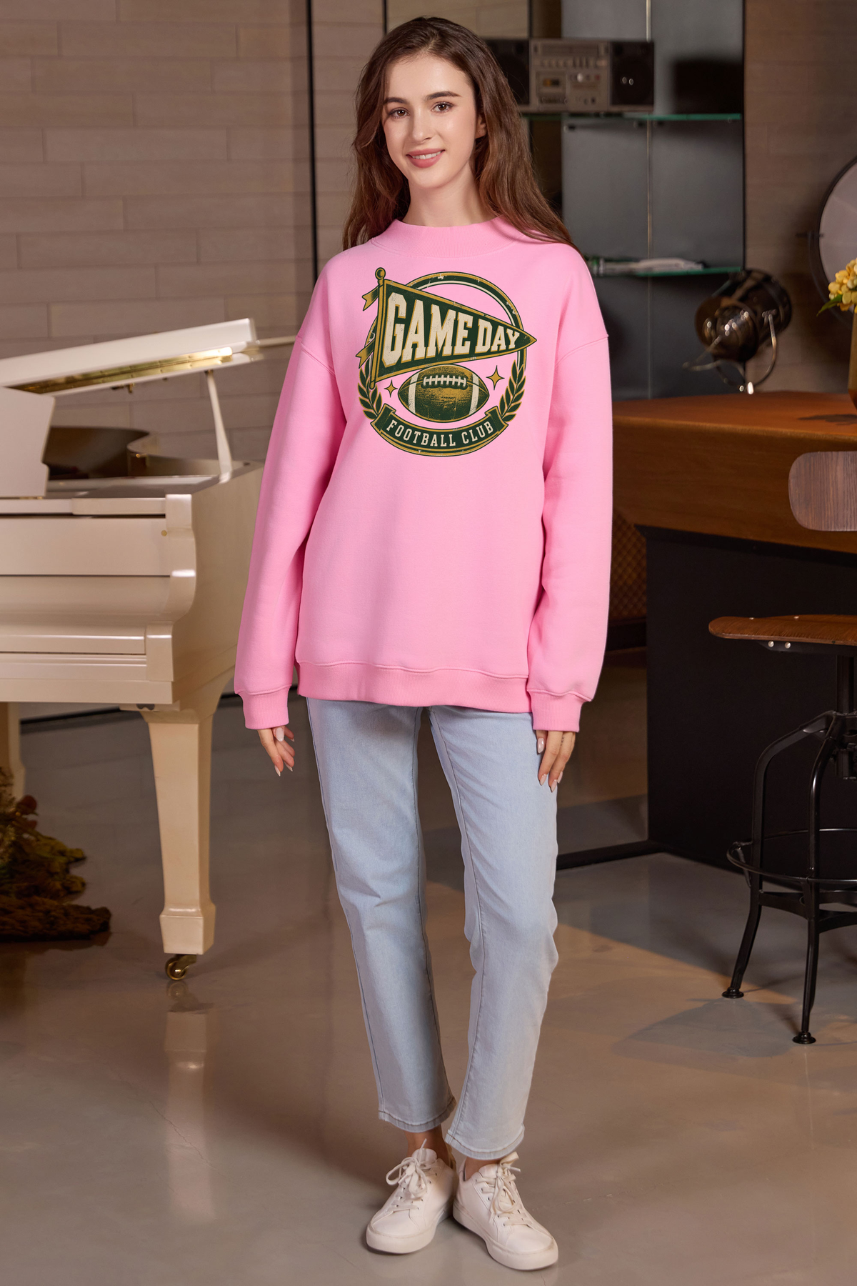 Game Day Football Club Mockneck Sweatshirt in light pink, front graphic on model, view 1