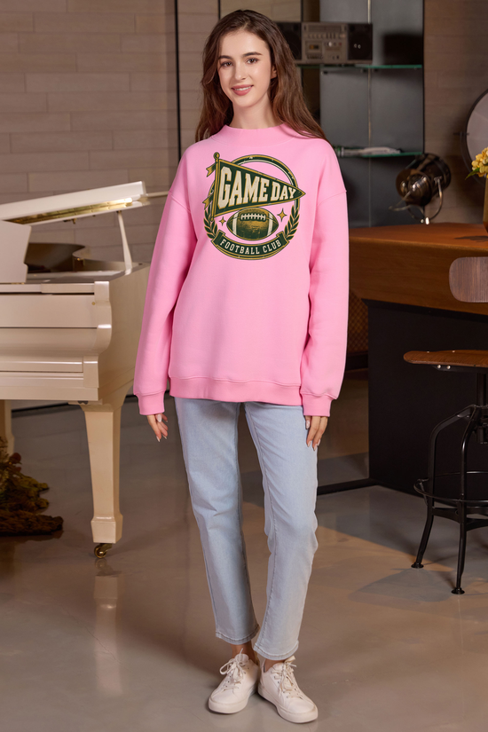 Game Day Football Club Mockneck Sweatshirt in light pink, front graphic on model, view 1