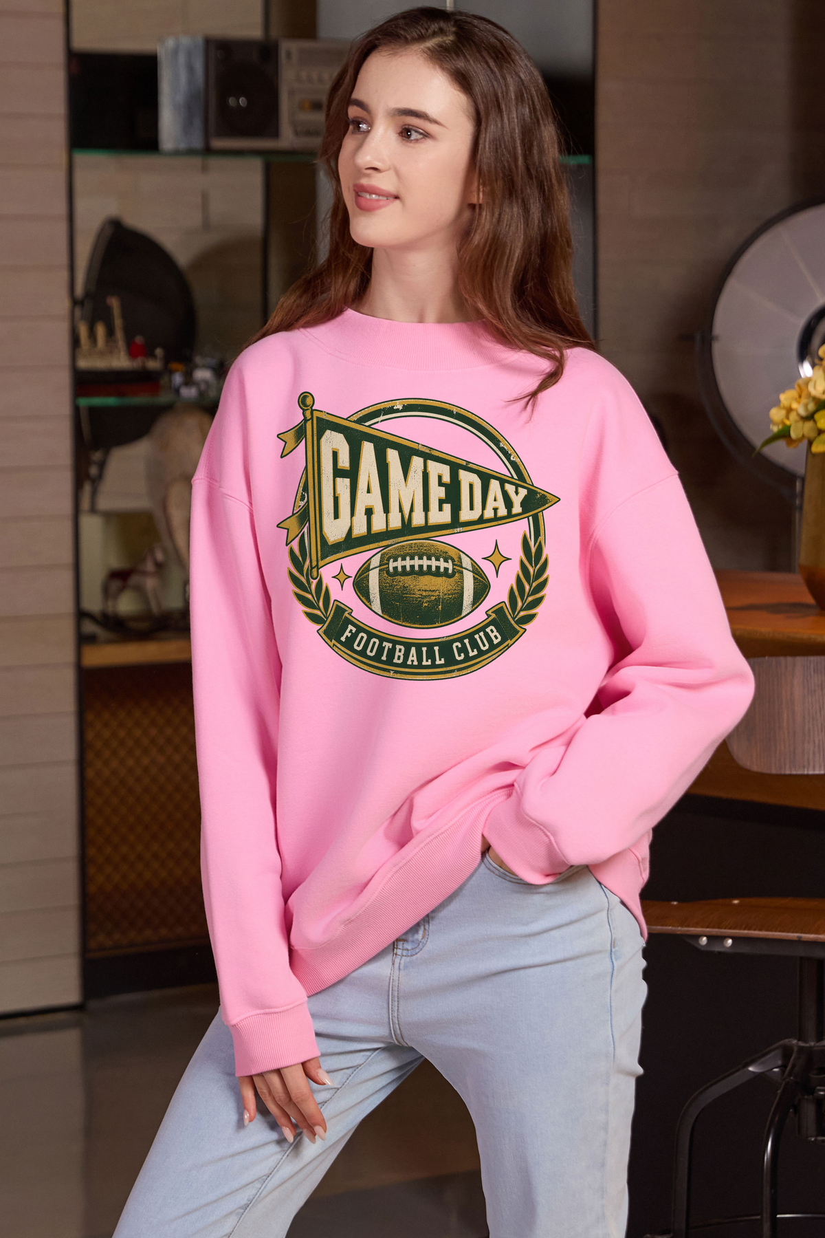 Game Day Football Club Mockneck Sweatshirt in light pink, front graphic on model, view 2