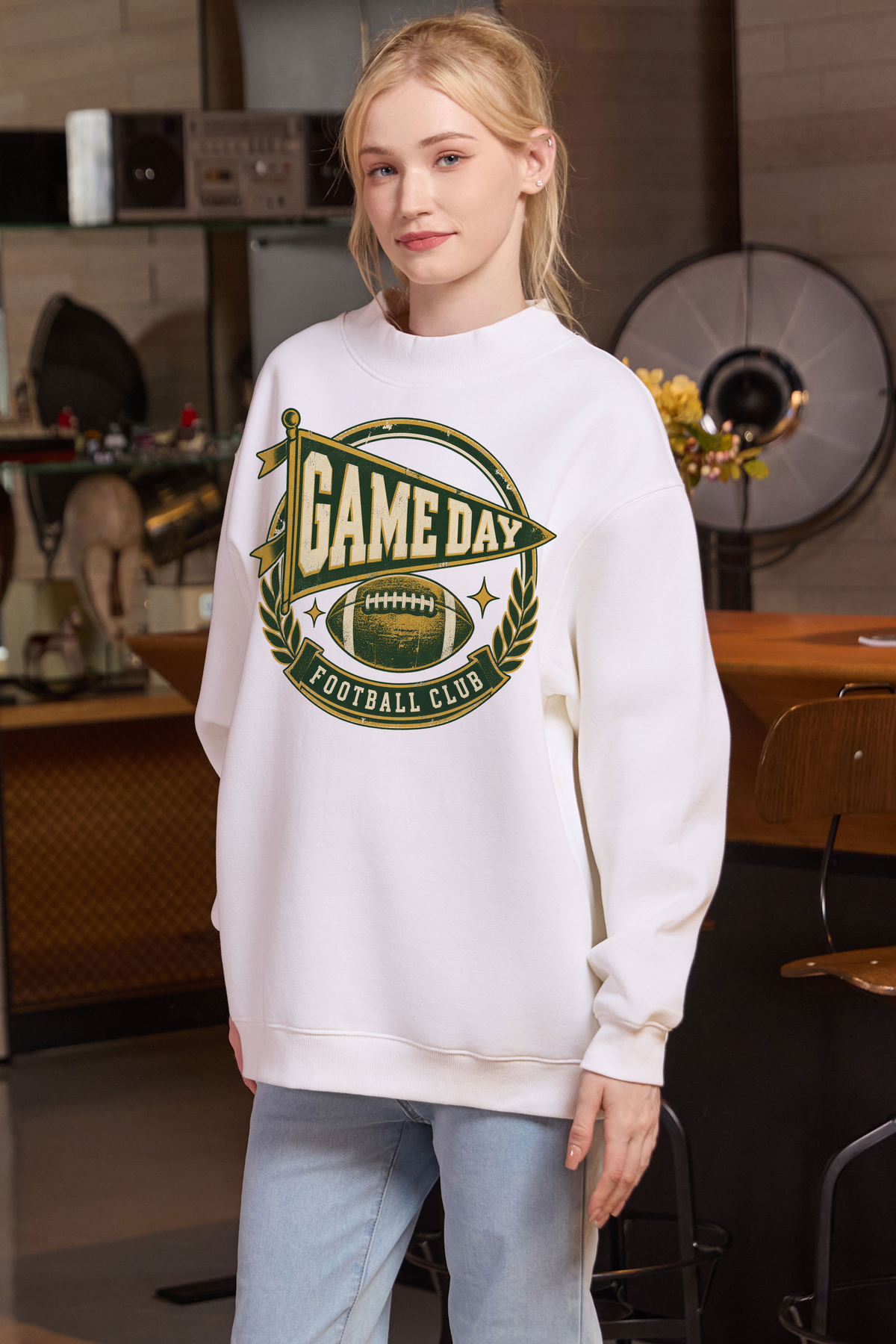 Game Day Football Club Mockneck Sweatshirt in white, front graphic on model, view 3