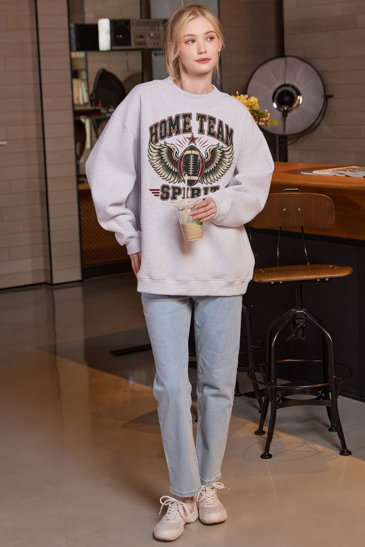 Home Team Spirit Mockneck Sweatshirt in heather grey, front graphic on model, view 2