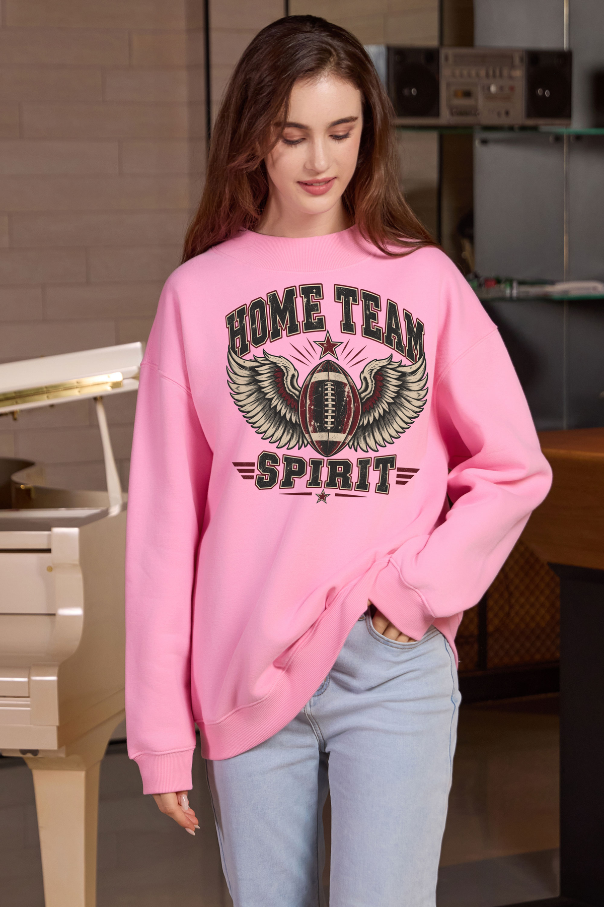 Home Team Spirit Mockneck Sweatshirt in light pink, front graphic on model, view 2