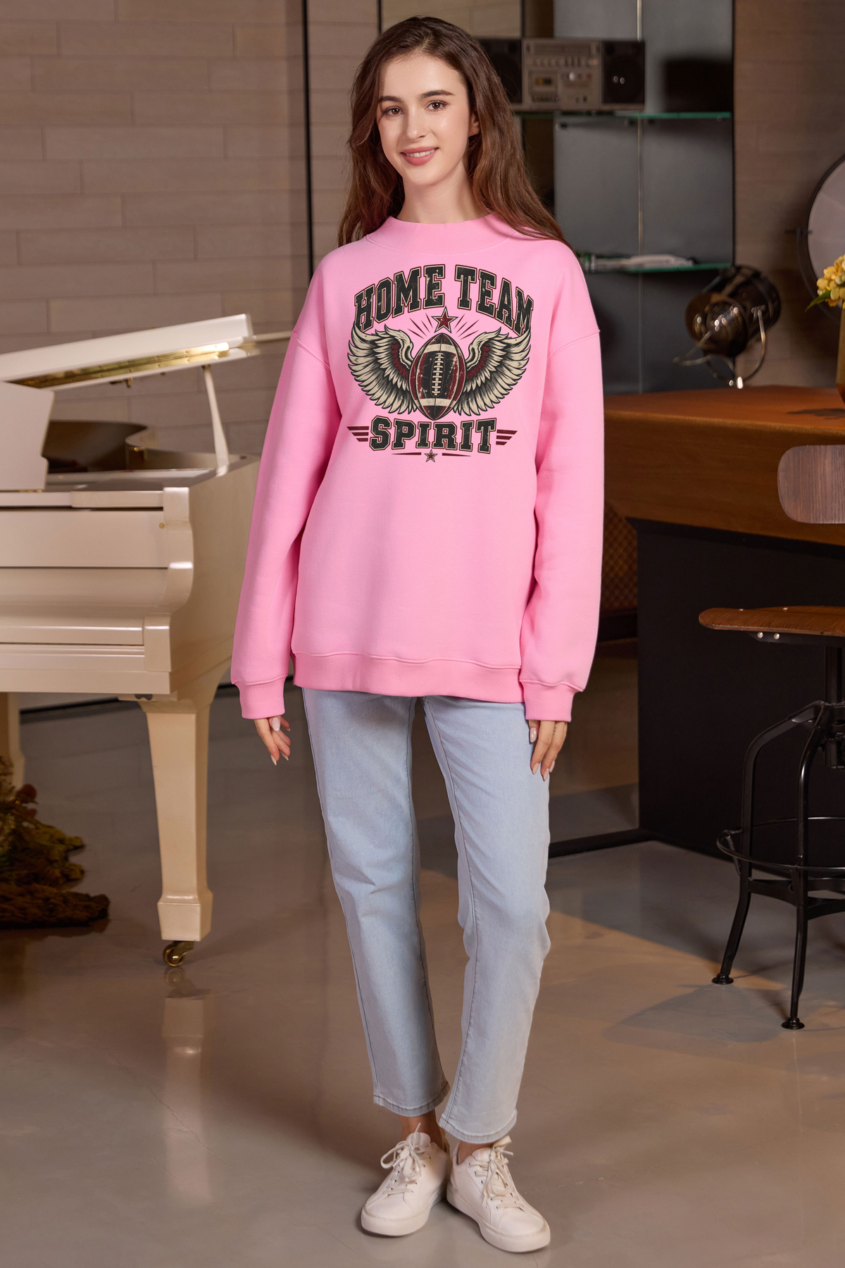 Home Team Spirit Mockneck Sweatshirt in light pink, front graphic on model, view 3