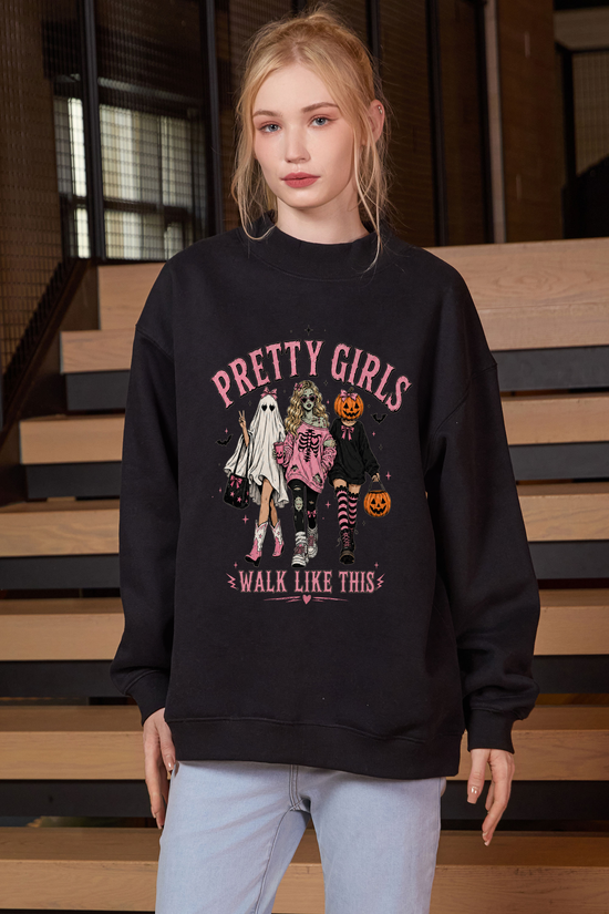 Moshita Pretty Girls Walk Like This mockneck sweatshirt in black — graphic front view 2