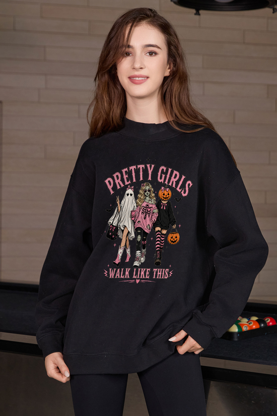 Moshita Pretty Girls Walk Like This mockneck sweatshirt in black — graphic front view 3